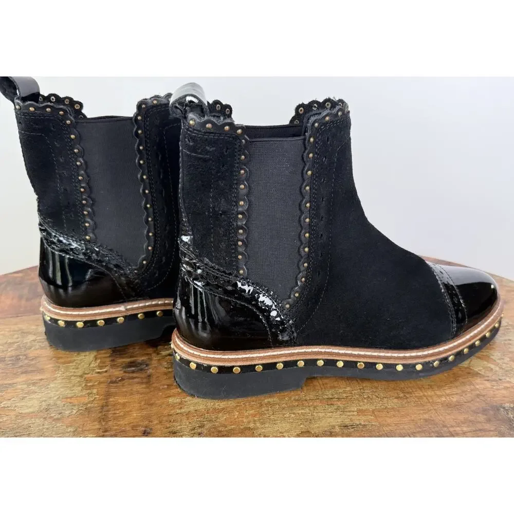 Free People Black Suede Chelsea Ankle Boots Patent Cap Toe Studded EU 38 US 7.5